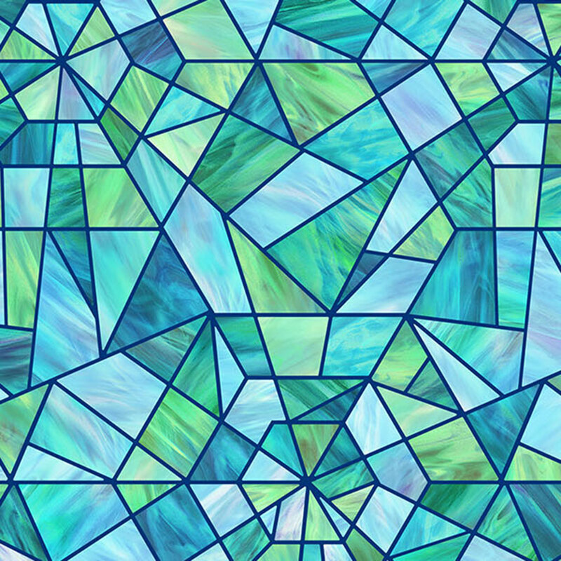 Stained-glass pattern featuring light blue, green, and teal. 