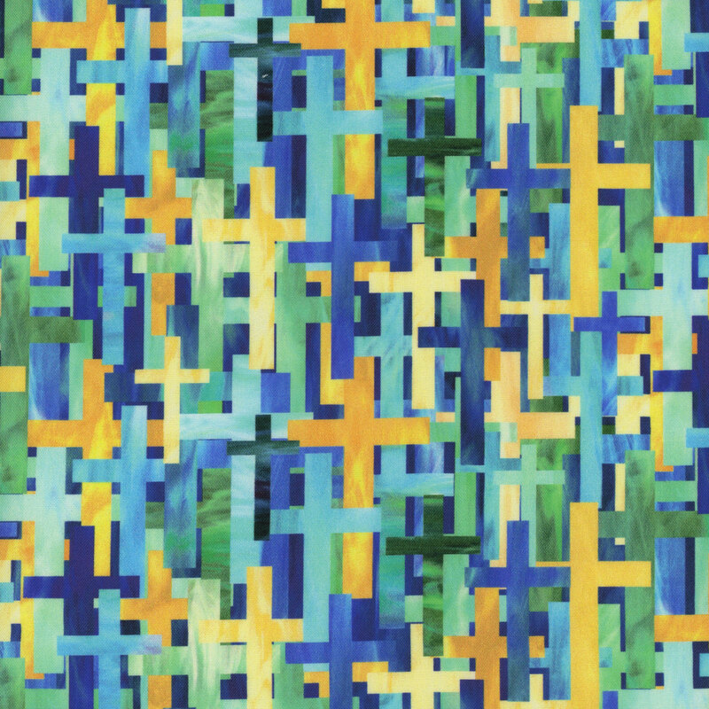 Religious crosses packed together in blue, yellow, and green tones.