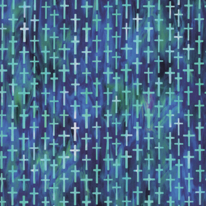 Teal and blue religious crosses in a half-drop repeating pattern.