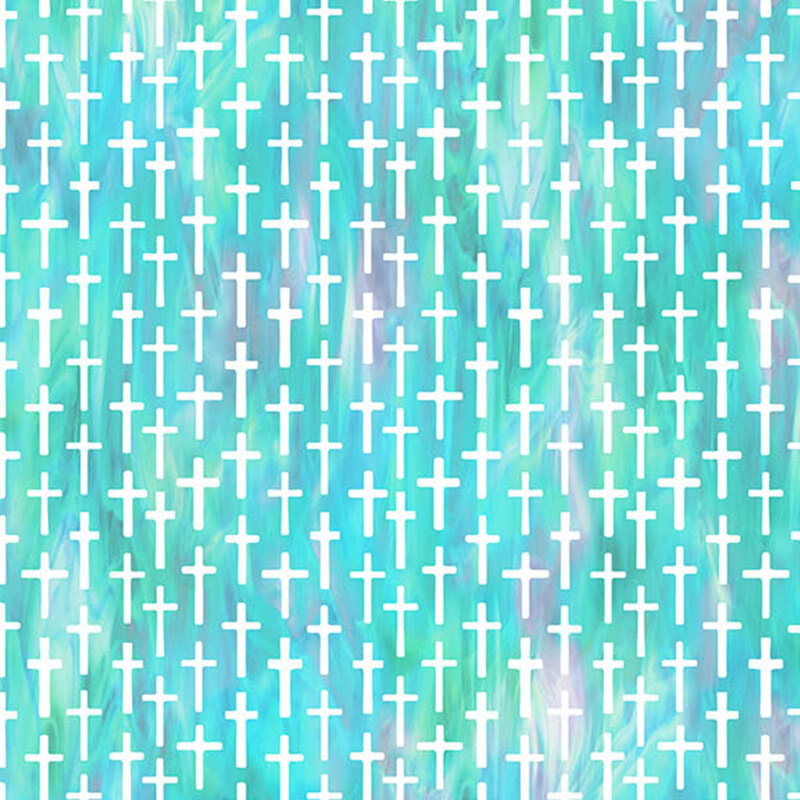 Teal and white religious crosses in a half-drop repeating pattern.