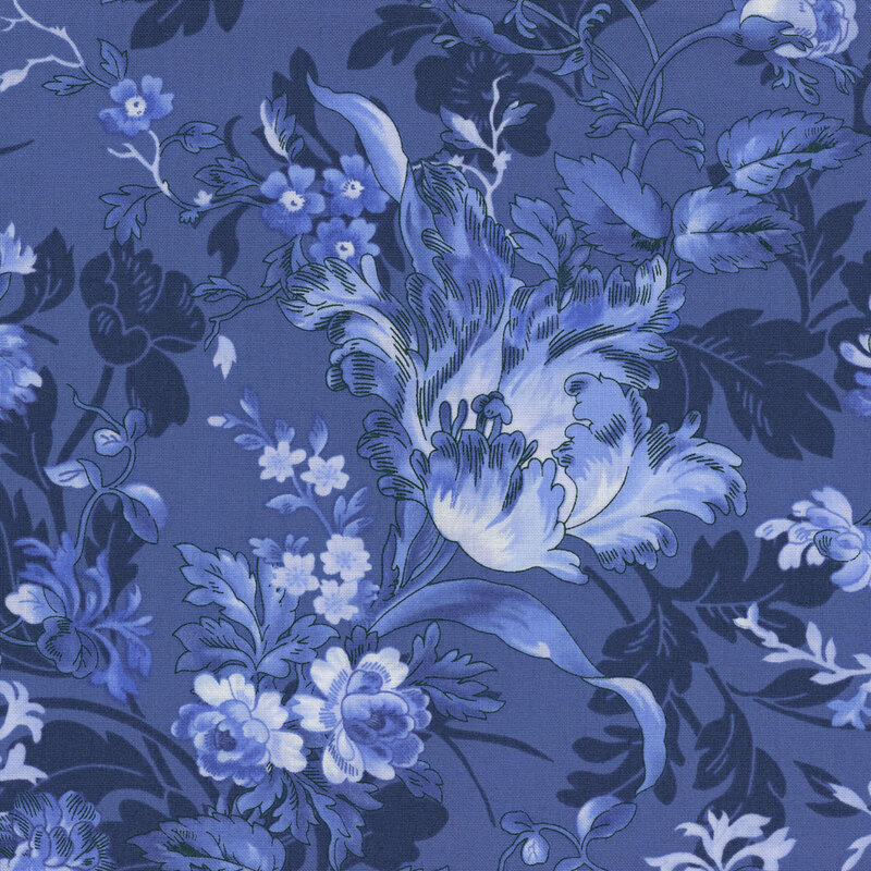 Navy blue fabric with large ruffled flowers.