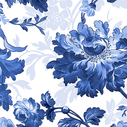 White fabric with large ruffled blue flowers.