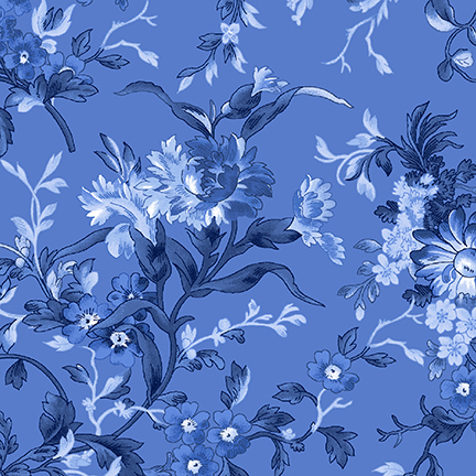 Blue fabric with sprawling blue florals.