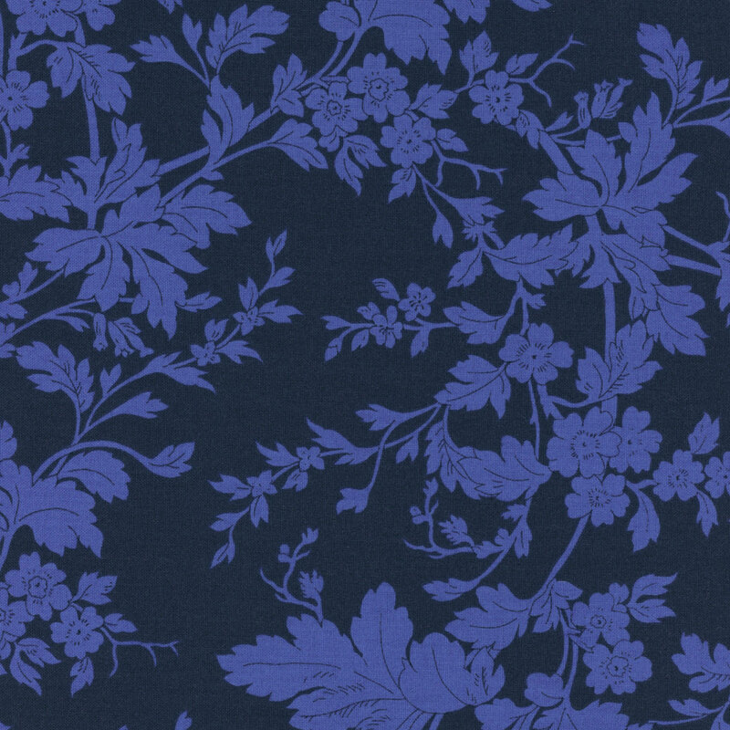 Navy blue fabric with tonal sprawling leaves.