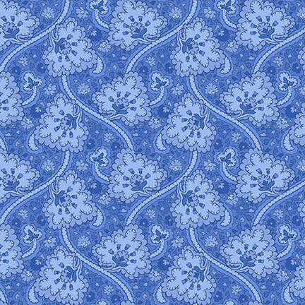 Cobalt blue fabric with stylized florals and swirling vines on a textured background.