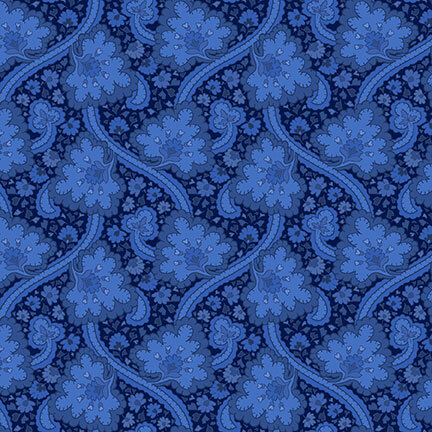 Navy blue fabric with stylized florals and swirling vines on a textured background.