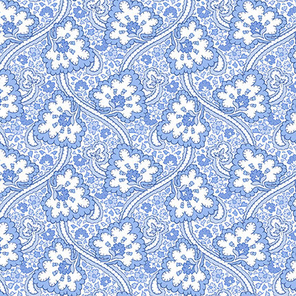 Light blue fabric with stylized white florals and swirling vines on a textured background.