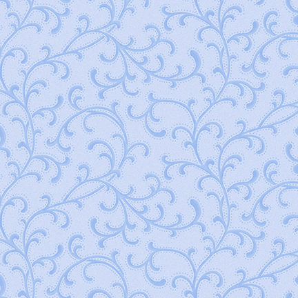 Periwinkle blue fabric with lightly dotted swirling ornamental accents.