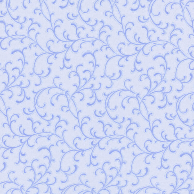 Periwinkle blue fabric with lightly dotted swirling ornamental accents.