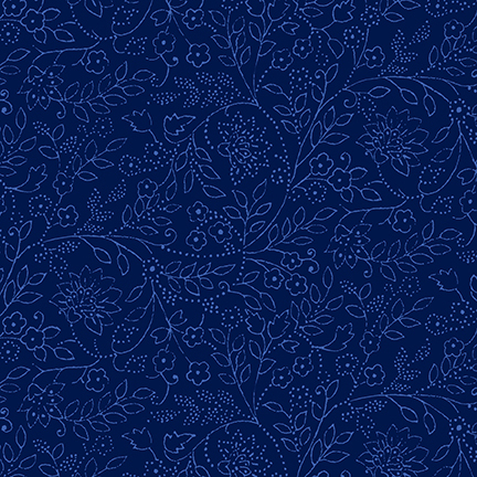 Navy fabric with tonal sprawling leaf and floral outlines.