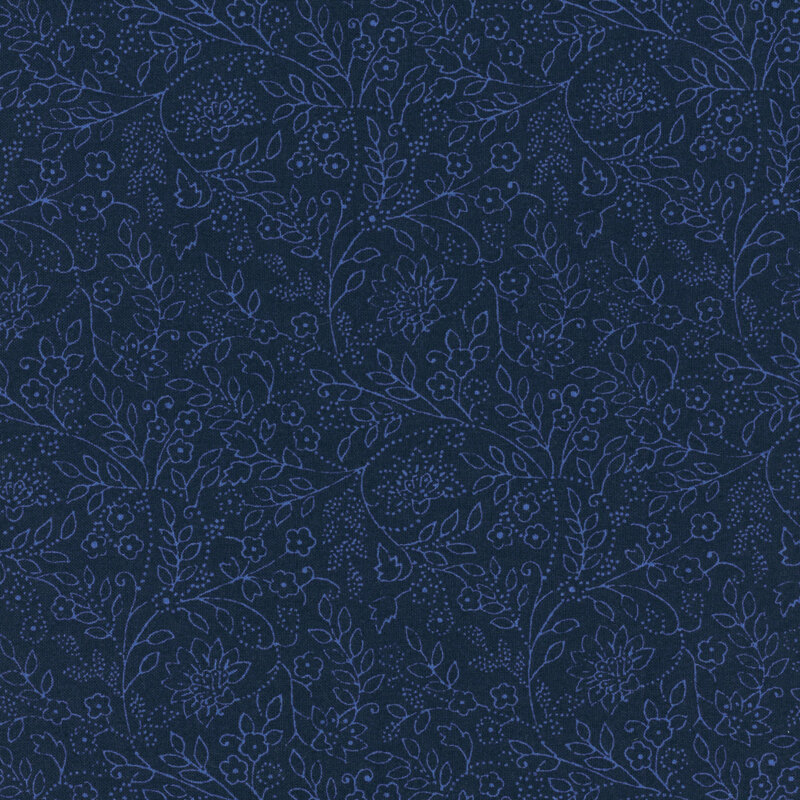 Navy fabric with tonal sprawling leaf and floral outlines.