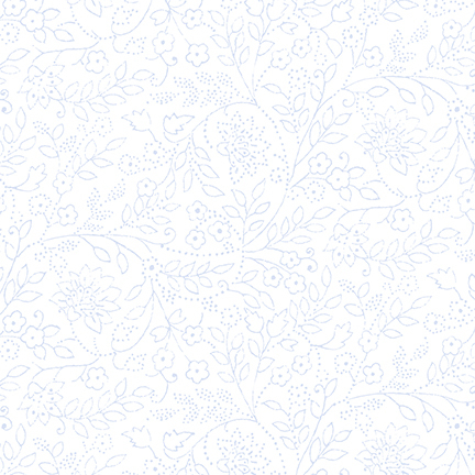 White fabric with light blue sprawling leaf and floral outlines.