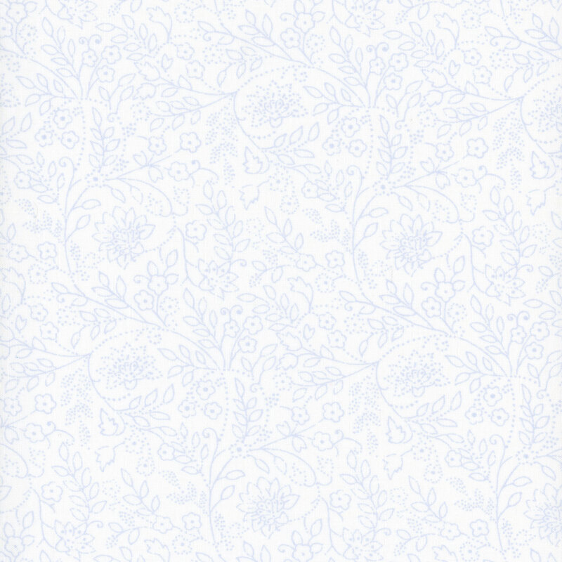 White fabric with light blue sprawling leaf and floral outlines.