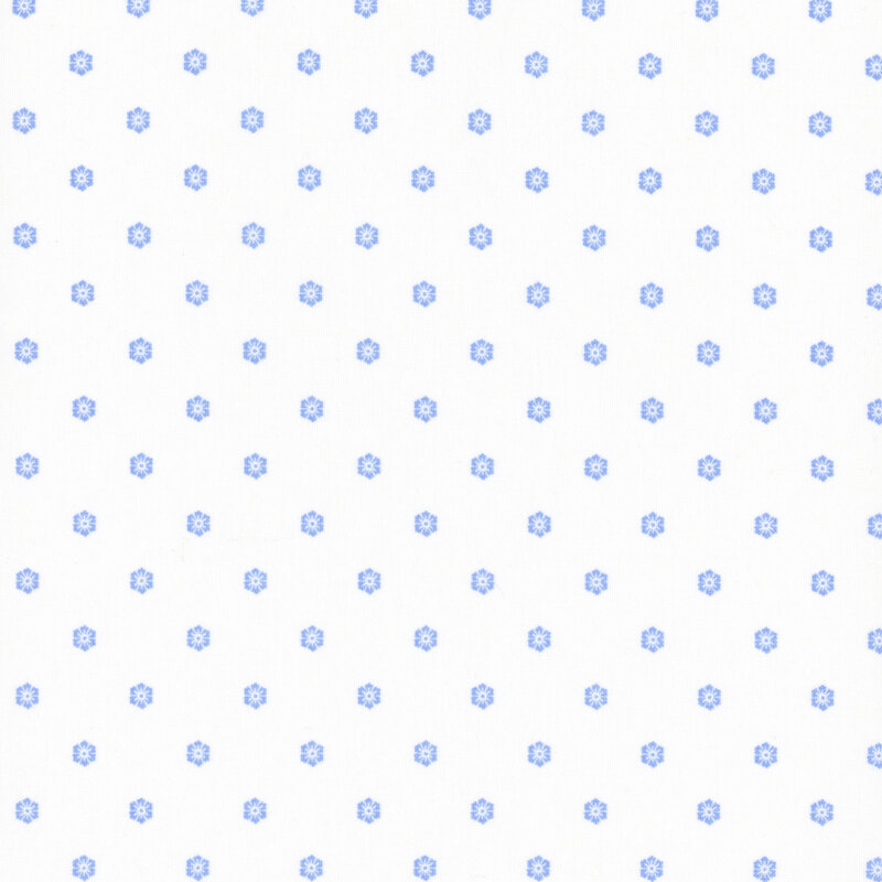 White fabric with a neat design of hexagonal florals.