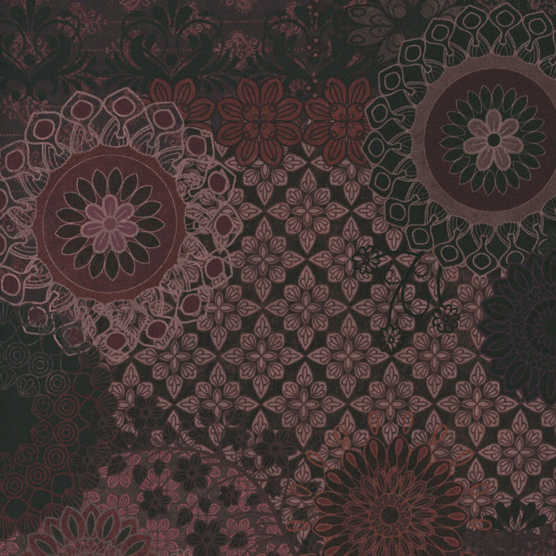 Textured floral pattern in deep reds, greens, and blacks, featuring various flowers and intricate designs.