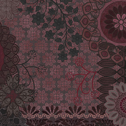 Textured floral pattern in deep reds, greens, and blacks, featuring various flowers and intricate designs.