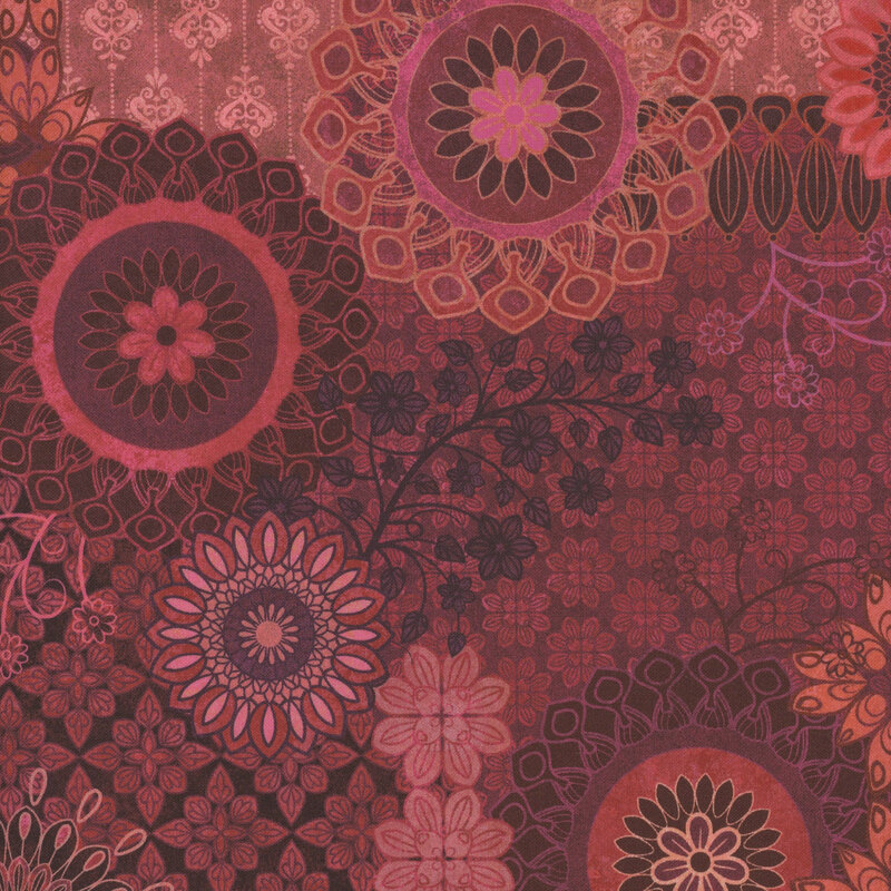 A rich burgundy background adorned with intricate floral patterns and decorative motifs.