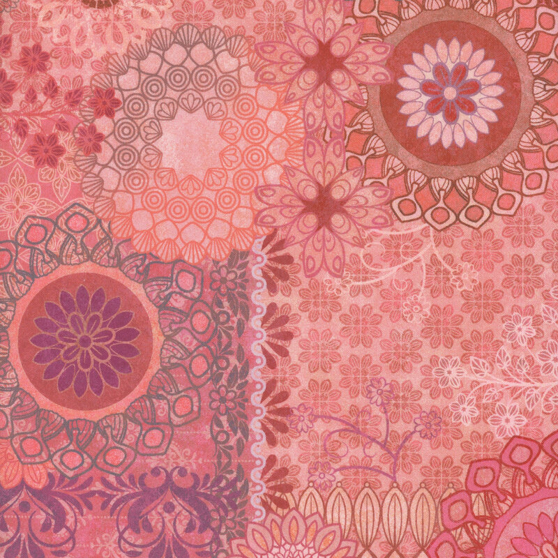 A pink background featuring floral and mandala patterns in various shades of pink and red.