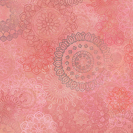 Abstract pattern featuring various floral mandala designs in shades of pink and coral.