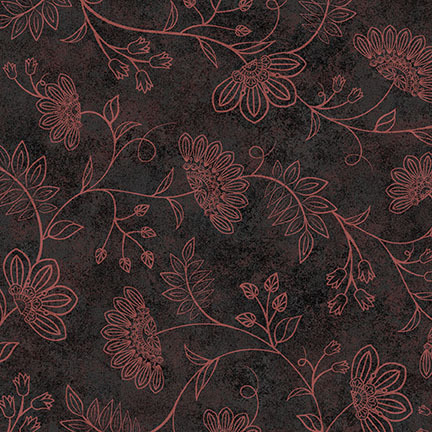Dark fabric featuring intricate, red floral designs with swirling vines.