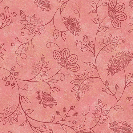 Floral pattern on a pink fabric featuring swirling vines and stylized flowers.