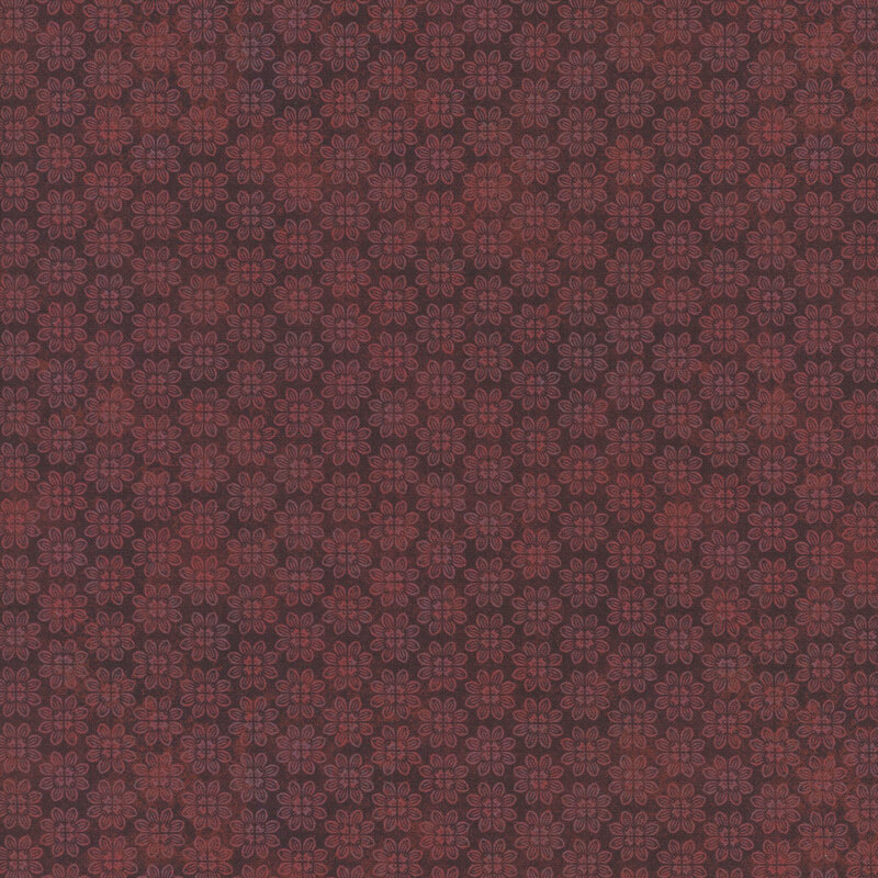 Maroon red fabric with tonal ornamental flowers. 