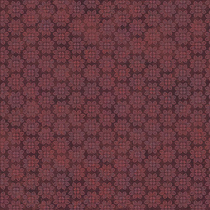 A dark red fabric featuring a repeated floral pattern in varying shades of red and purple.