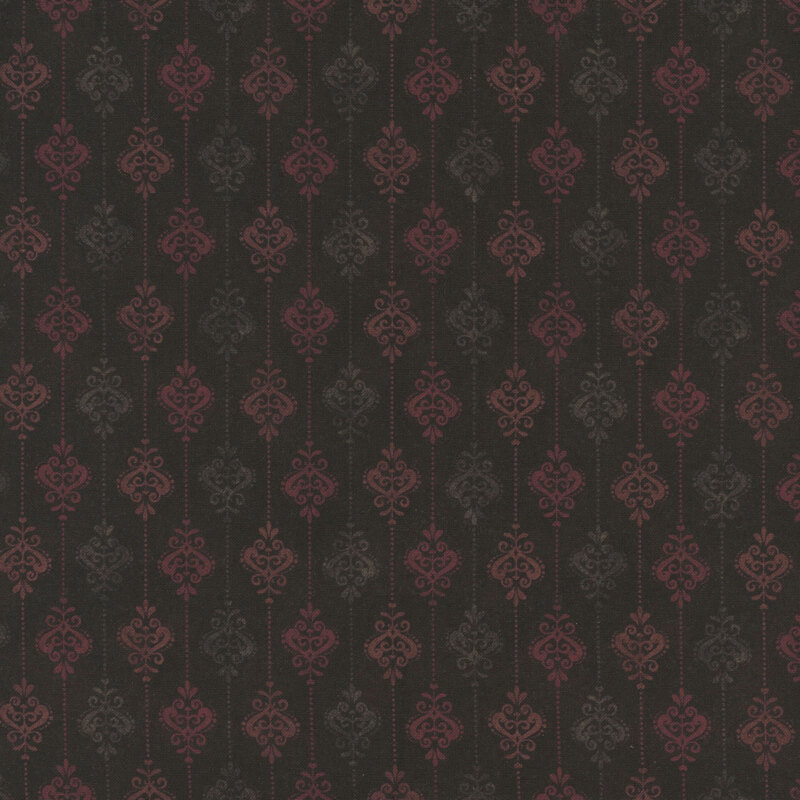 Mottled black fabric with damask stripes.