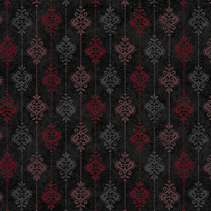 Repeating damask pattern in black, gray, and red hues with intricate floral designs.