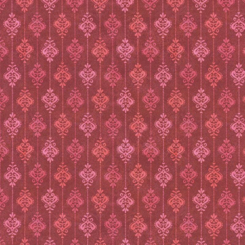 Repeating pattern of ornate pink and red motifs on a textured maroon background.