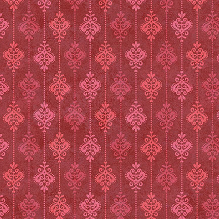 Repeating pattern of ornate pink and red motifs on a textured maroon background.