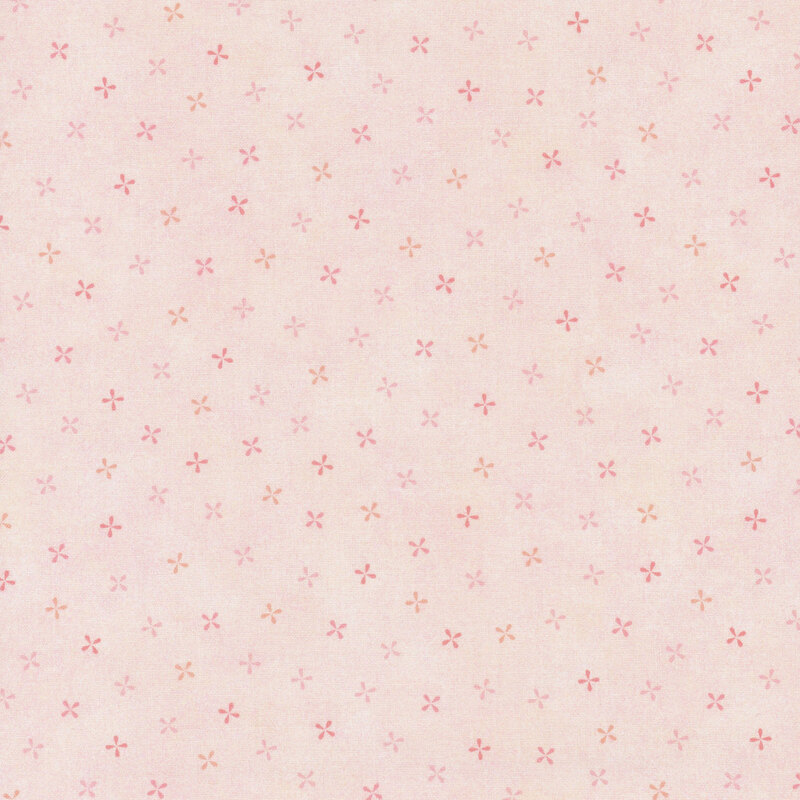 Light pink background with small, scattered floral patterns in various shades of pink and orange.