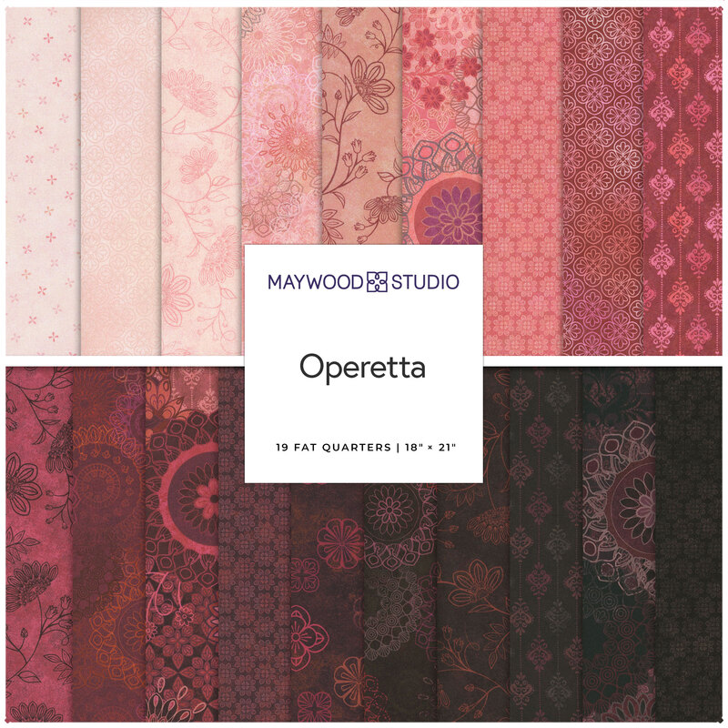 Colorful fabric swatches in varying shades of red and pink, labeled Operetta by Maywood Studio.
