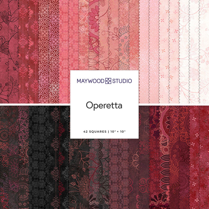 A collection of red and black fabric squares with intricate patterns, labeled Operetta by Maywood Studio.