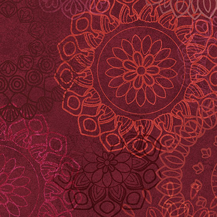 Intricate red and orange mandala patterns on a deep burgundy background creating a textured design.
