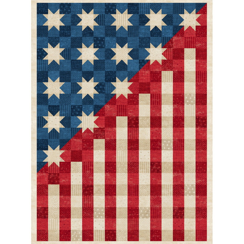 Quilt design featuring a blue star-patterned upper half and a red striped lower half, resembling the American flag.