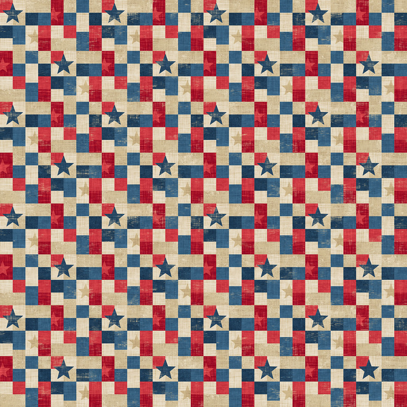 Pattern of interleaved red, blue, and beige squares featuring stars.