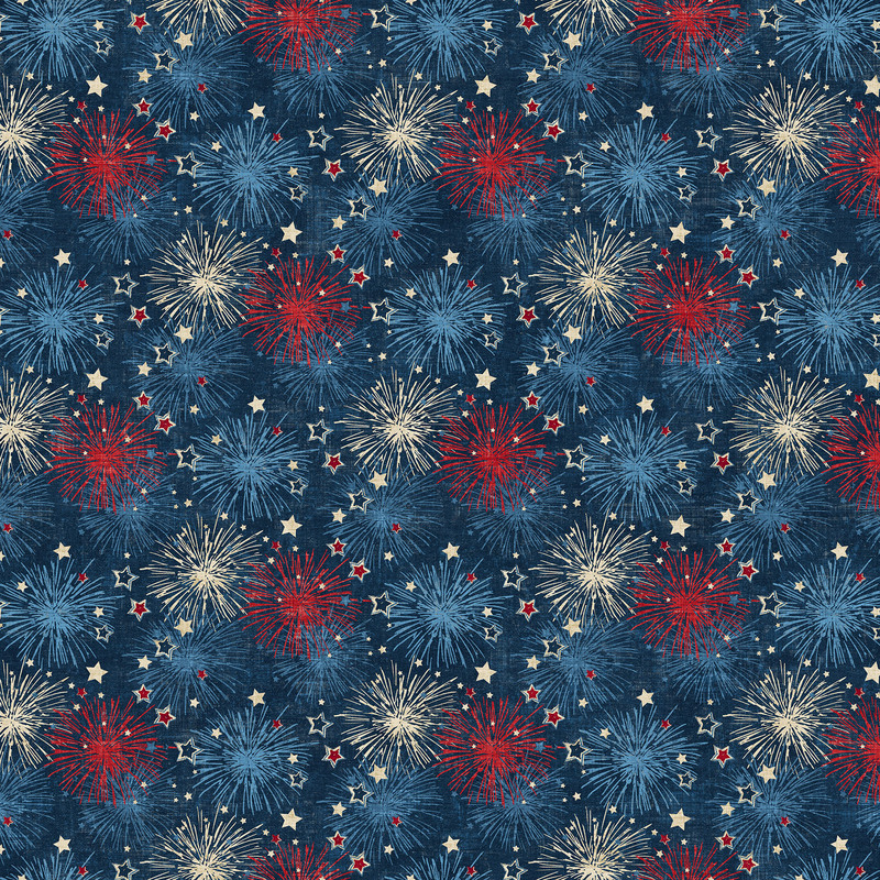 Pattern of vibrant red, blue, and gold fireworks and stars against a dark blue background.