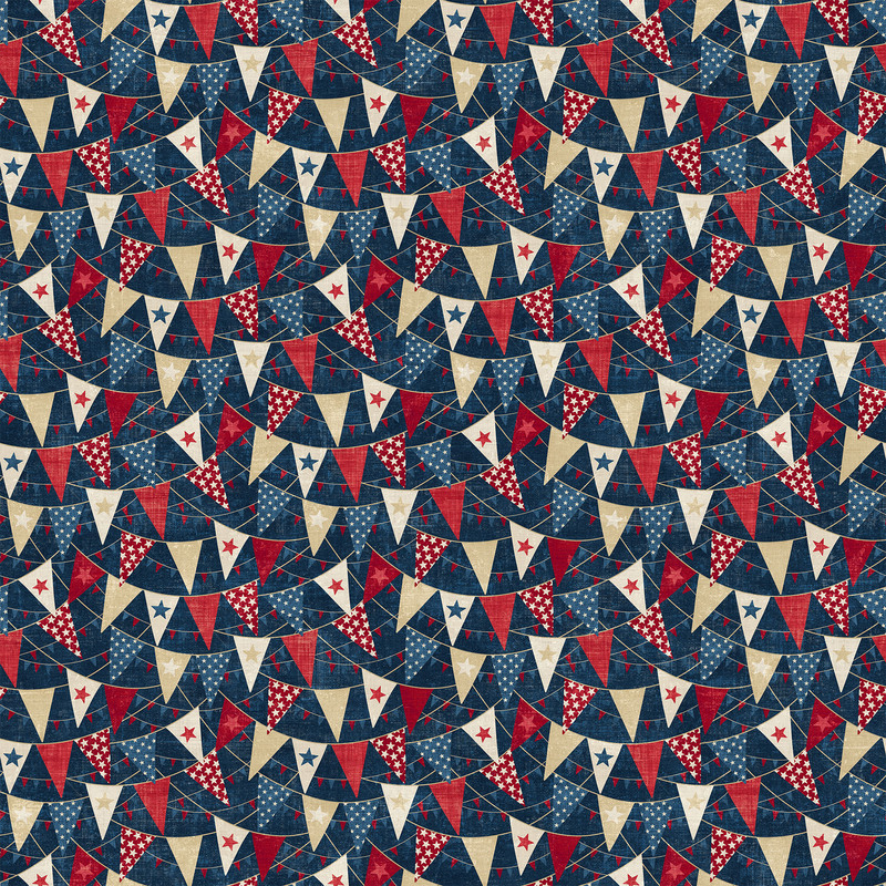 A repeating pattern of colorful festive flags in red, blue, and cream on a dark blue background.