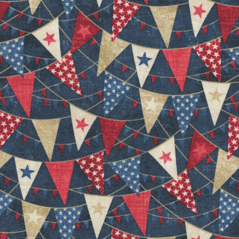 A repeating pattern of colorful festive flags in red, blue, and cream on a dark blue background.