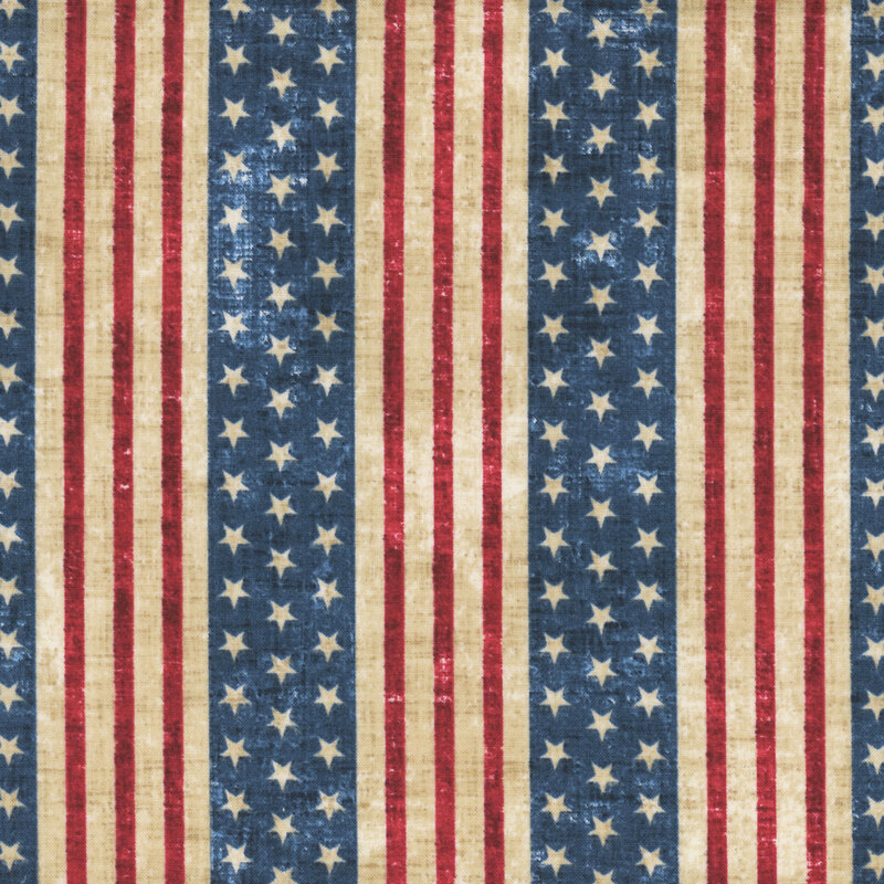 Pattern of alternating red and white stripes with blue sections featuring white stars.