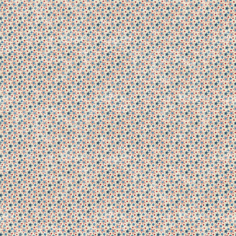 A repeating pattern of small stars in blue and red on a cream background.