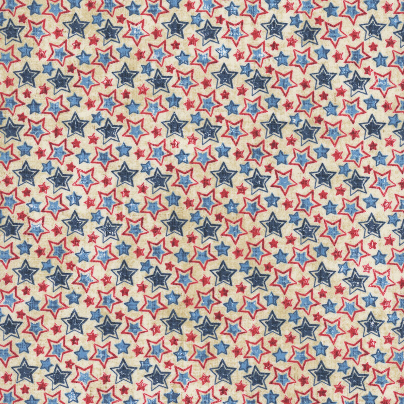 A repeating pattern of small stars in blue and red on a cream background.