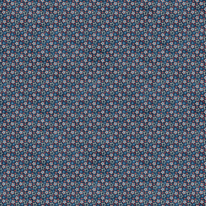 Repeating floral pattern in dark blue, featuring small beige, blue, and red stars.