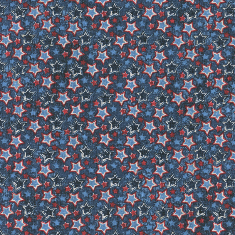 Repeating floral pattern in dark blue, featuring small beige, blue, and red stars.