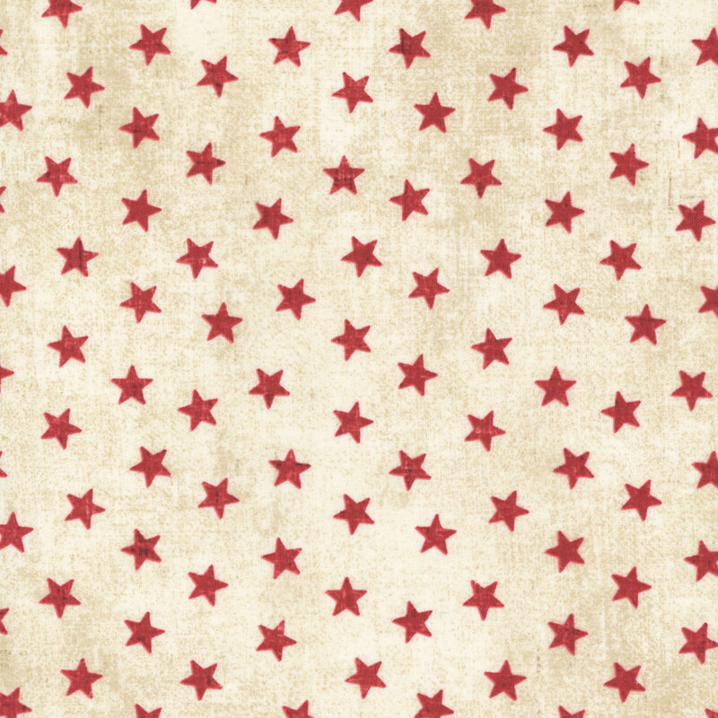 Seamless pattern of small red stars on a light beige fabric.