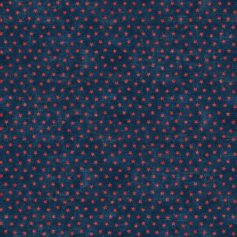 Pattern of small red stars on a dark blue fabric.