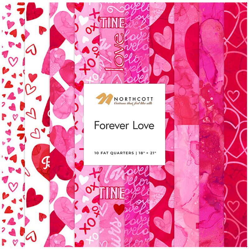 Digital collage of fabrics included in the Forever Love collection with red, pink and white fabrics with a Valentine's Day theme.