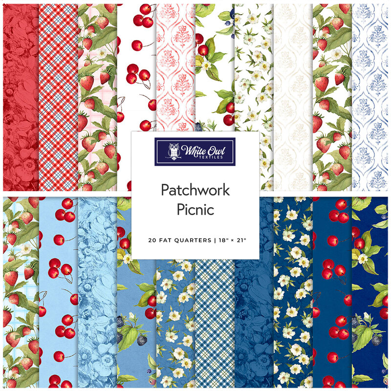A stacked collage of summer cherry and strawberry fabrics included in the Patchwork Picnic FQ Set.