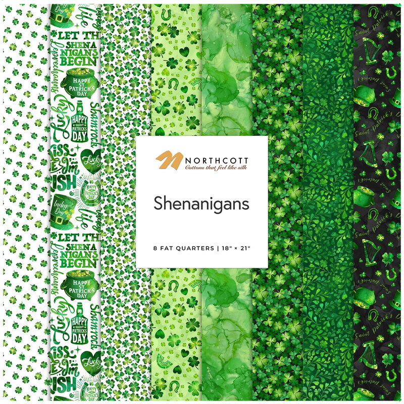 A collection of green fabric patterns with shamrocks and Irish-themed designs, labeled Shenanigans.